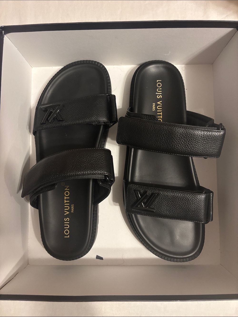 Louis Vuitton Black Leather Double-Strap Slide Sandals with LV Hardware